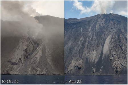 A Sciara del Fuoco-n augusztus 4-én és  október 10-én rögíztett állapotok összehasonlítása